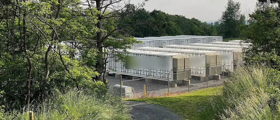 Rows of battery energy storage containers beside woodland, reached by a gravel track.